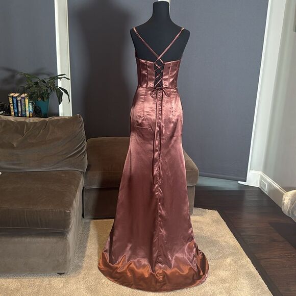 Women’s Brown Full Length Prom Party Dress Criss Cross Straps Leg Slit Size 6 - Picture 6 of 14